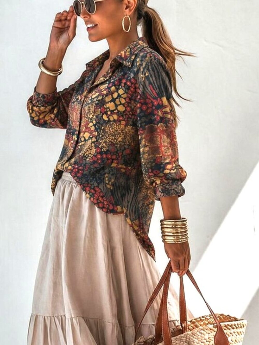 100% silk Abstract Print Button-Front Blouse, plus size oversized
